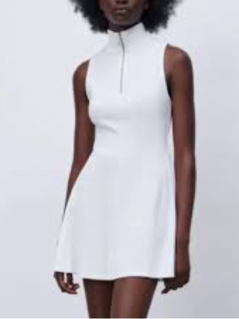 Zara White Sleeveless Mock-Neck Skater Mini Dress with Front Zip
